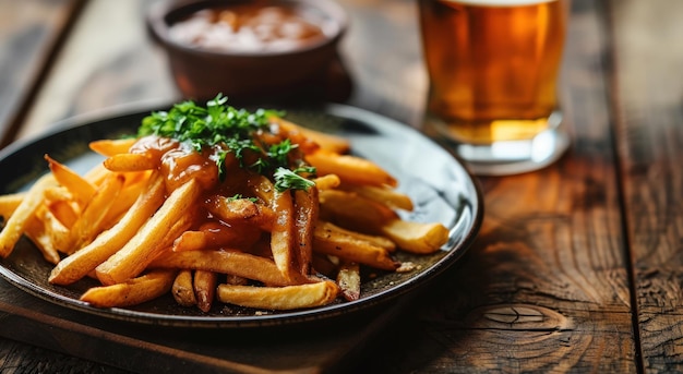 Une assiette de frites avec sauce et un verre de bière