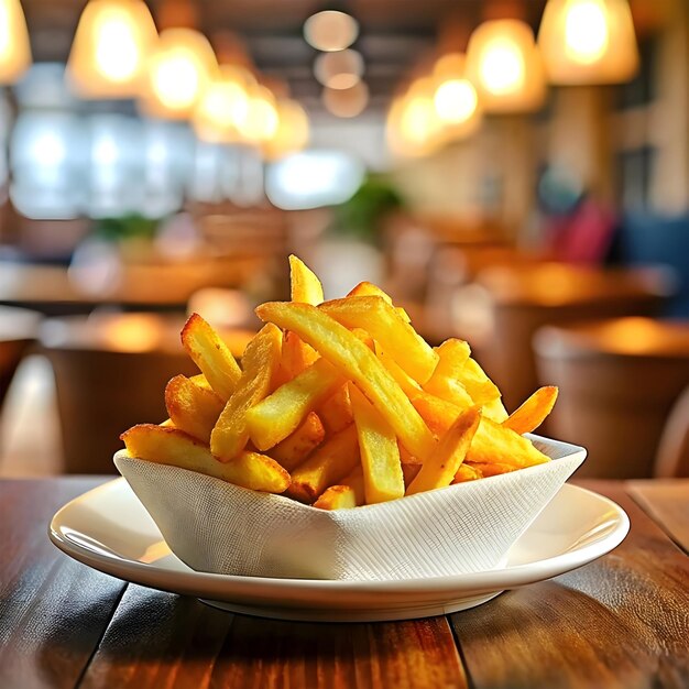 une assiette de frites sur une table avec une assiette blanche qui dit " frites "