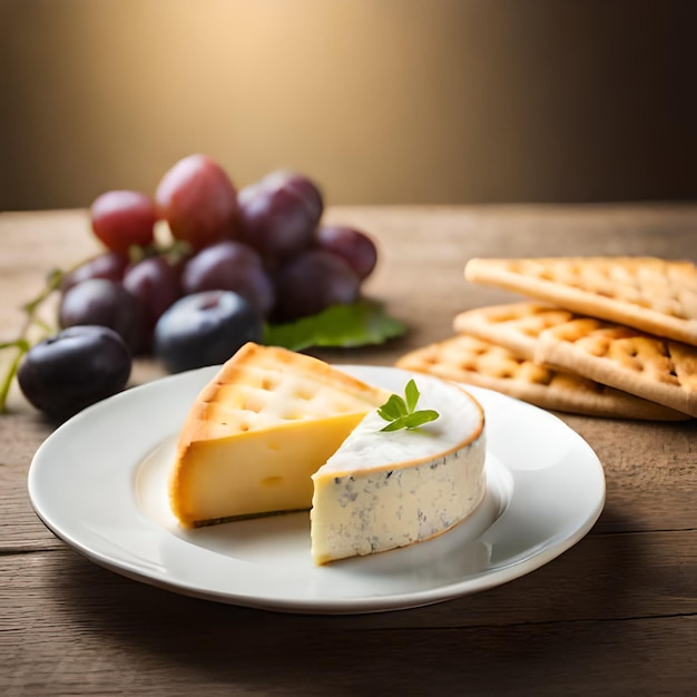 Une assiette de fromage et de craquelins avec un raisin violet en arrière-plan.