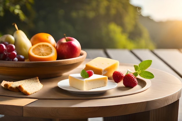 une assiette de fromage, de fruits et de fromage sur une table.