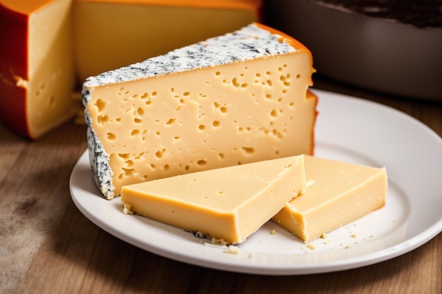 Une assiette de fromage avec un morceau de fromage dessus.