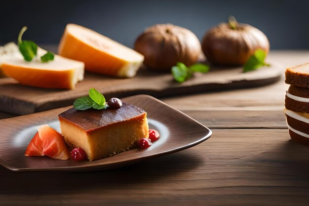 Une assiette de fromage avec un morceau de gâteau au chocolat dessus