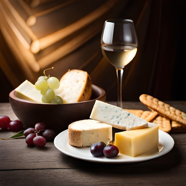 Une assiette de fromage et de raisins avec un verre de vin sur la table.