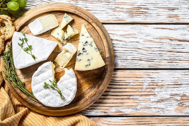 Assiette de fromages au camembert, brie et fromage bleu aux raisins