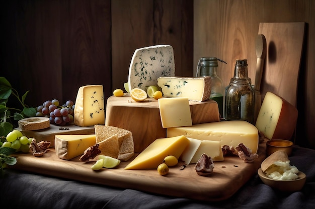 Assiette de fromages au raisin et différents amuse-gueules sur une surface en bois