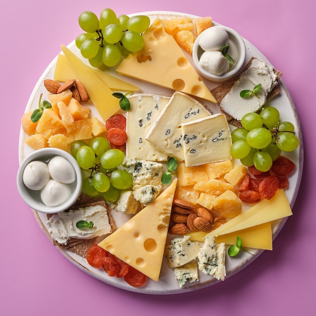 Assiette de fromages aux fruits sur fond rose.