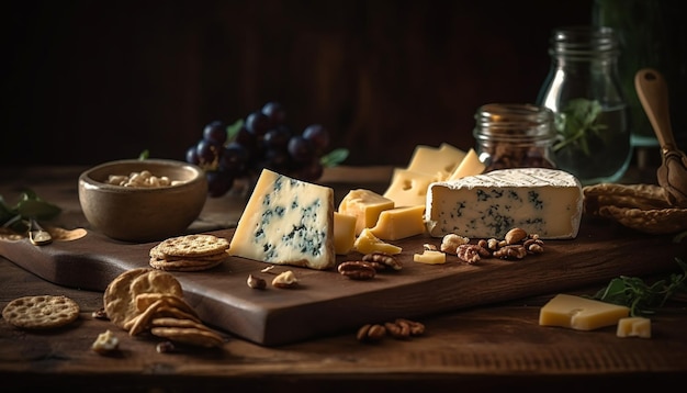 Une assiette de fromages gourmands avec des délices français générés par l'IA