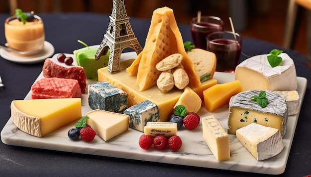 Assiette de fromages gourmands avec fruits frais et vin généré par IA