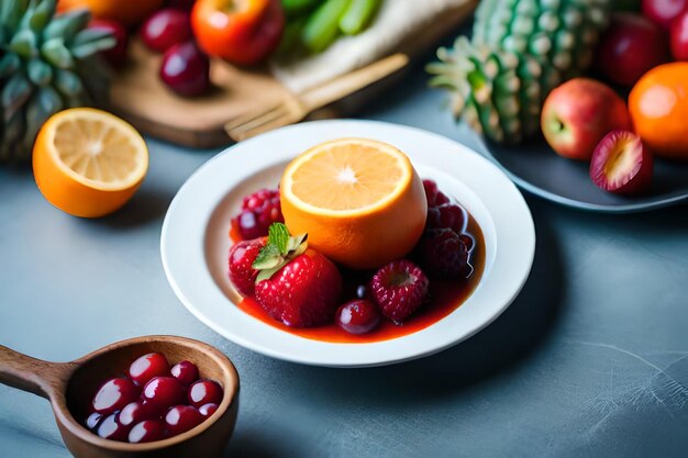 une assiette de fruits avec un ananas et un ananas sur la table