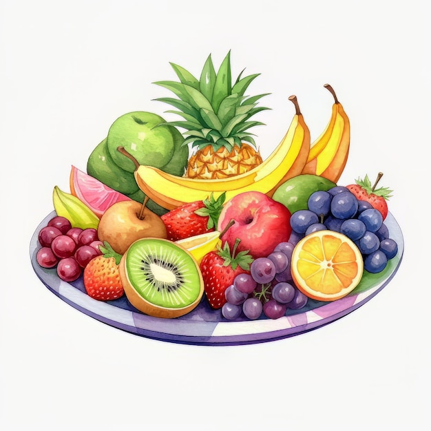 Une assiette de fruits avec un ananas et des bananes dessus