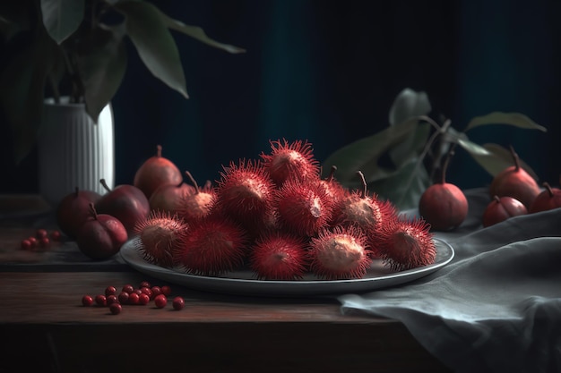 Une assiette de fruits avec des baies rouges dessus