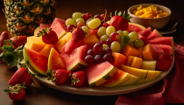 Une assiette de fruits avec un bol de macaroni au fromage dessus