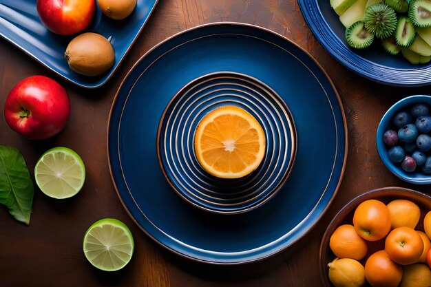 une assiette de fruits avec un citron et un bol de fruits dessus.