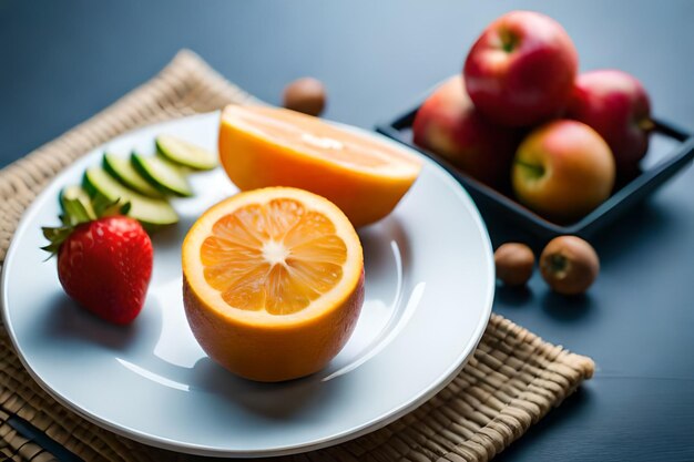 une assiette de fruits comprenant des fraises, des oranges et des bananes.