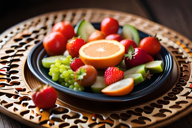 une assiette de fruits comprenant des raisins, des oranges et des concombres.