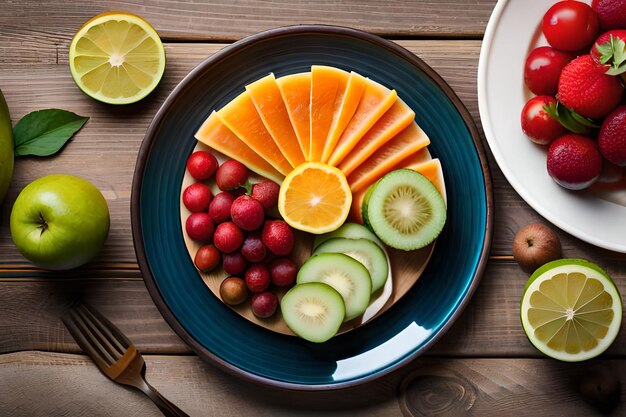 une assiette de fruits avec un couteau et une fourchette