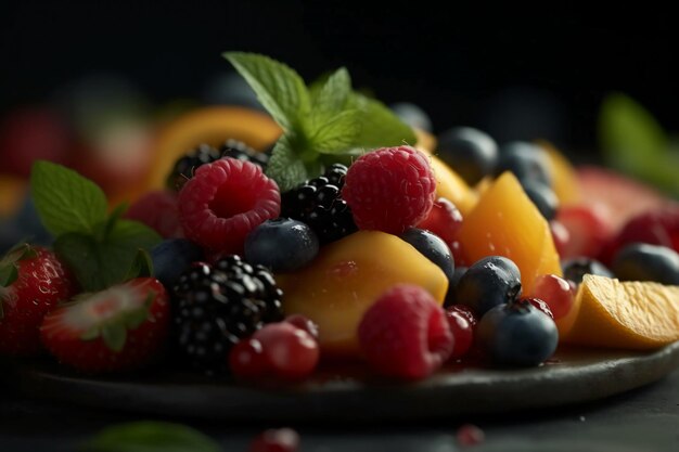 Une assiette de fruits avec une feuille de menthe sur le dessus