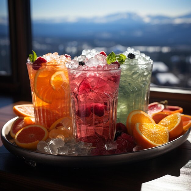 Une assiette de fruits et de glaçons avec un verre de glaçons et une boisson.