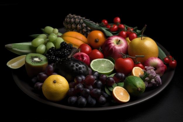 Assiette de fruits et légumes colorés avec un fond noir créé avec une IA générative