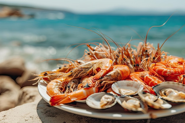 Une assiette avec des fruits de mer, des crevettes, des calamars, des huîtres, des homards, près de l'océan.