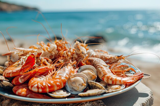 Une assiette avec des fruits de mer, des crevettes, des calamars, des huîtres, des homards, près de l'océan.