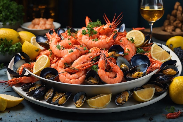 Photo assiette de fruits de mer avec des crevettes des moules des homards servis avec du citron