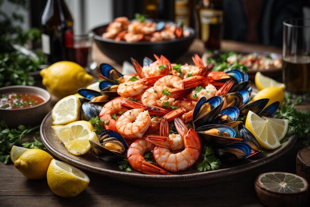 assiette de fruits de mer avec des crevettes des moules des homards servis avec du citron