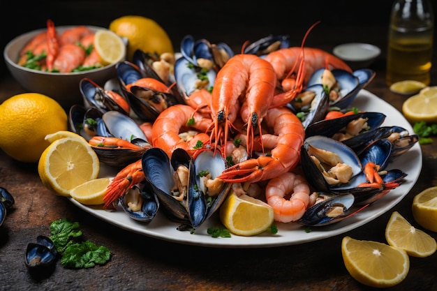 Photo assiette de fruits de mer avec des crevettes des moules des homards servis avec du citron