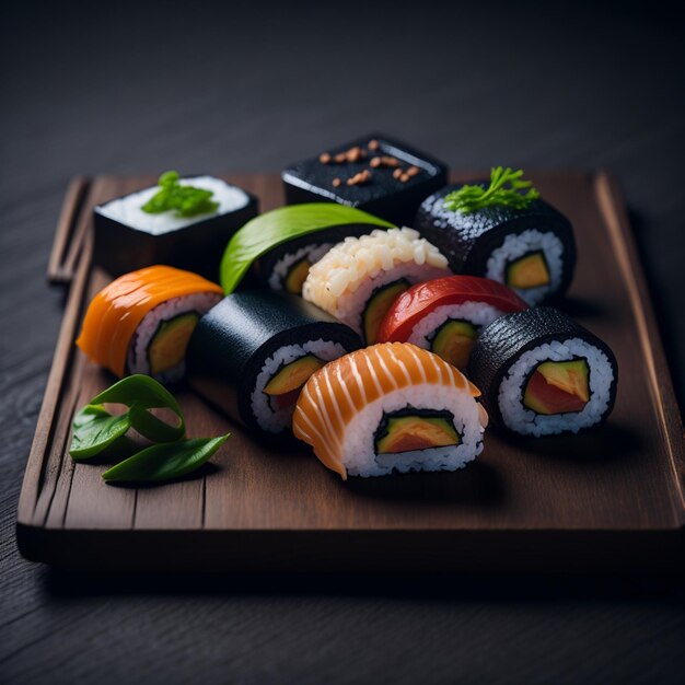 Photo assiette de fruits de mer frais maki sushi nigiri sashimi généré par l'ia