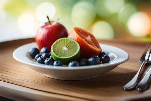 une assiette de fruits avec des myrtilles et une cuillère.