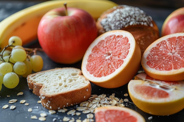 Photo une assiette de fruits et de pain avec une tranche de pamplemousse dessus