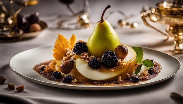 Photo une assiette de fruits avec une poire et un verre de vin en arrière-plan