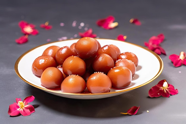 Une assiette de fruits rouges sur une table avec des fleurs rouges sur la table.