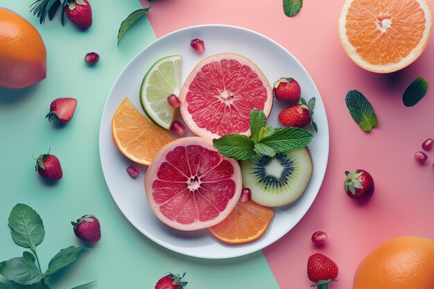 Photo une assiette de fruits avec une variété d'oranges, de kiwis et de fraises