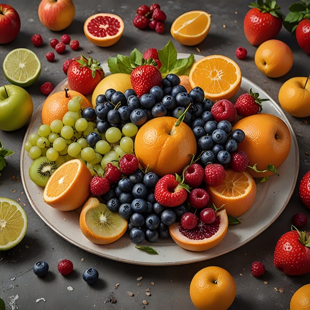 une assiette de fruits, y compris des baies, des fraises et des oranges