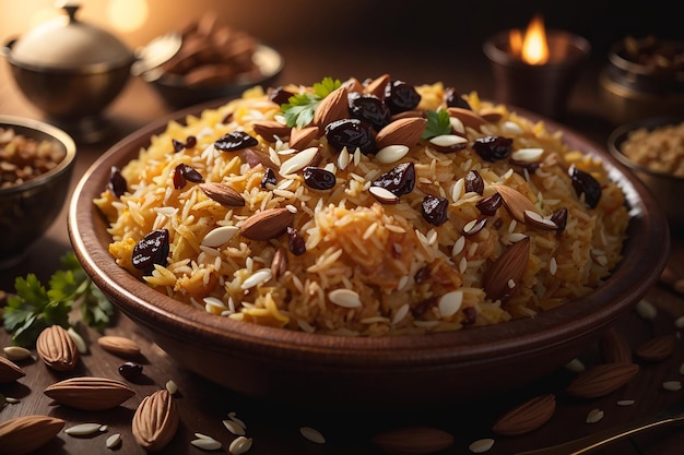 Une assiette fumante de biryani parfumés garnie d'amandes grillées et de raisins secs