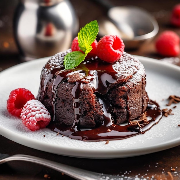 une assiette de gâteau au chocolat aux framboises et une cuillère.