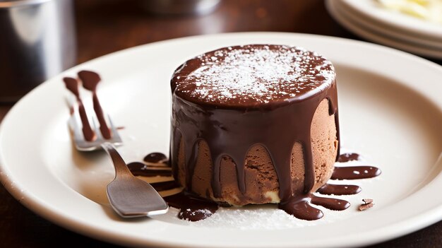 Une assiette de gâteau au chocolat avec du sucre en poudre sur le dessus.