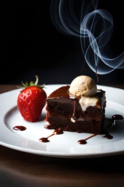 Photo une assiette de gâteau au chocolat avec une fraise sur le côté.