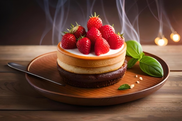 Une assiette de gâteau au chocolat avec des fraises sur le dessus