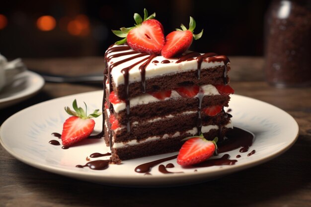 Une assiette de gâteau au chocolat garni de fraises et d'une couche de glaçage au fromage à la crème