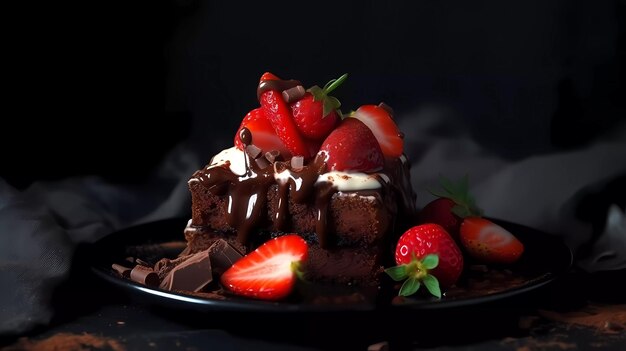 Une assiette de gâteau au chocolat garnie de fraises et de chocolat