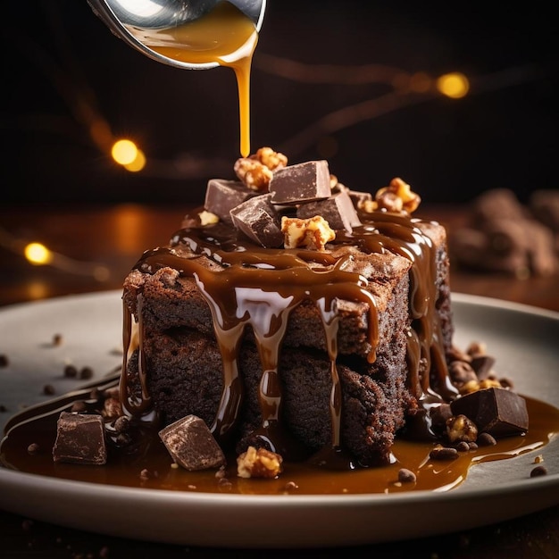 une assiette de gâteau au chocolat avec une sauce au caramel qui en coule.