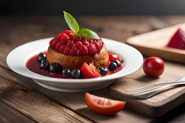 Une assiette de gâteau aux fruits avec des baies et une fourchette sur une table en bois.