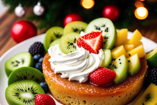 Une assiette de gâteau aux fruits avec une garniture aux kiwis