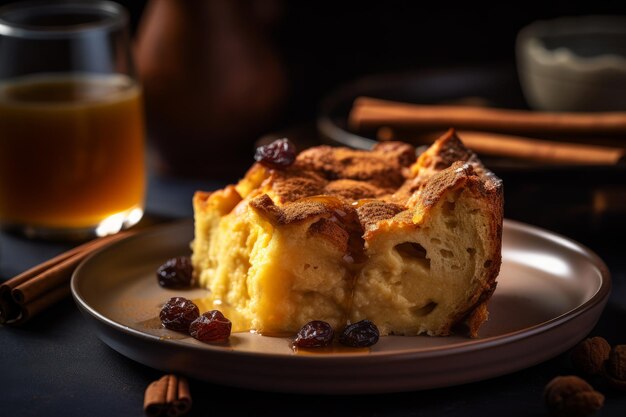 Une assiette de gâteau aux pommes à la cannelle avec un verre de thé derrière.