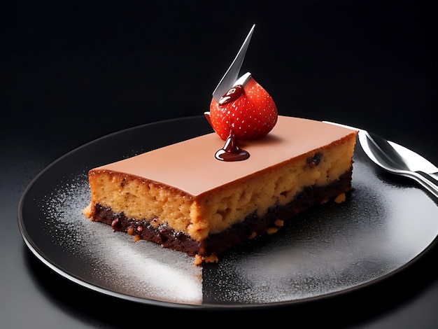 Une assiette de gâteau avec un couteau sur fond noir