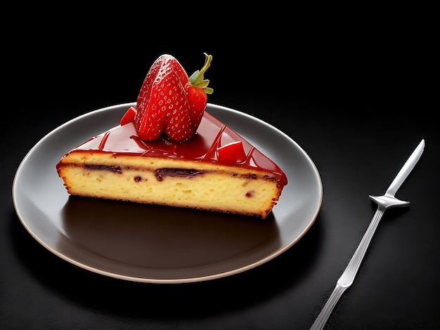 Une assiette de gâteau avec un couteau sur fond noir