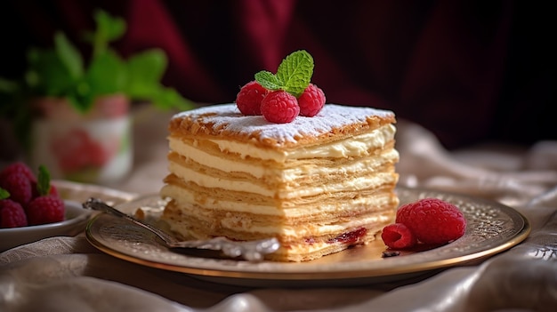 une assiette avec un gâteau et des framboises