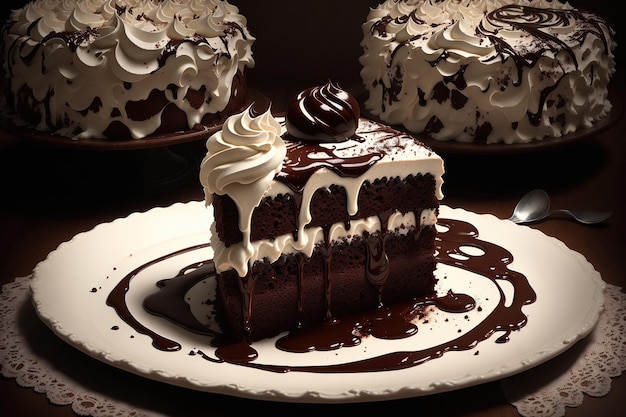 Une assiette de gâteau avec un glaçage au chocolat et un gâteau au chocolat avec de la crème fouettée sur le dessus.